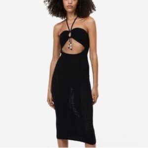 H&M Black Crochet-Look Halterneck Dress Cutout Midi Size Medium